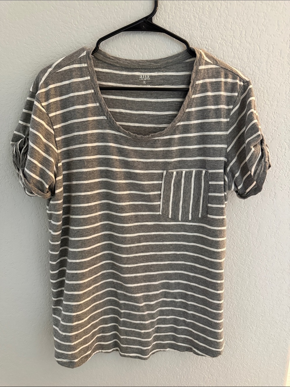 a.n.a Gray and White Striped Short Sleeve Pocket Tee